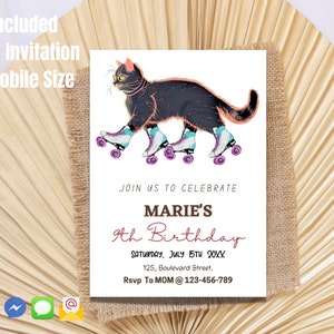 Modèle d'invitation d'anniversaire drôle de patinage à roulettes modifiable pour enfants, invitations de fête d'anniversaire imprimables, invitation numérique de fête d'enfants, chat patineur