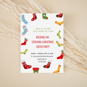 Plantilla de invitación digital para fiesta navideña con calcetines, intercambio de calcetines navideños, intercambio de regalos para niños, plantilla editable para fiesta navideña, intercambio de calcetines