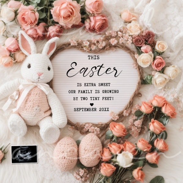 Easter Pregnancy Announcement Social Media, Boho Digital Gender Neutral Baby, Editable DIY, Template, Bunny Easter Reveal Pregnancy