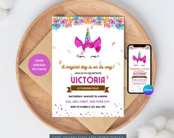 Editable unicorn Birthday Invitation | Unicorn Invite |Unicorn Party Invitation  |  Unicorn Birthday Invite | Magical Unicorn Invite