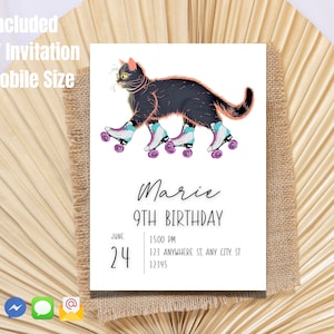 Modèle d'invitation d'anniversaire drôle de patinage à roulettes modifiable pour enfants, invitations de fête d'anniversaire imprimables, invitation numérique de fête d'enfants, chat patineur
