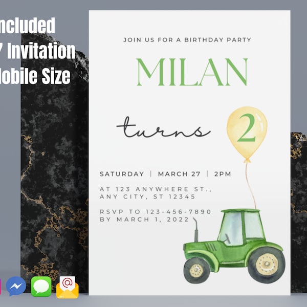 Minimalist TRACTOR Birthday Invitation,Editable Tractor Invitation, Tractor Birthday Invitation, Tractor Template Download, Digital File