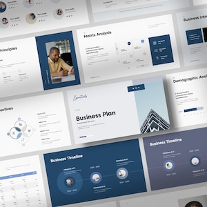 May include: A presentation template with a blue and white color scheme. The slides include titles such as "Guiding Principles", "Company Objectives", "Matrix Analysis", "Business Plan", "Business Timeline", "Demographic Analysis", and "Business Introduction".