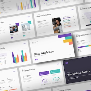 May include: A presentation slide deck with the title "Data Analytics" and various charts and graphs. The slides include information on milestones, comparison analysis, progress metrics, funnel analysis, geographic analysis, and info slides with bullets. The slides are designed in a modern style with a white background and colorful accents.