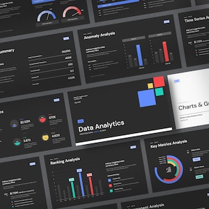 Könnte beinhalten: Ein Präsentationsfoliensatz mit dem Titel "Data Analytics" und verschiedenen Diagrammen und Grafiken. Die Folien beinhalten eine Metrikenübersicht, Fortschrittsmetriken, eine Rangfolgeanalyse, eine Anomalieanalyse, eine Zeitreihenanalyse, eine Analyse der wichtigsten Metriken und Diagramme und Grafiken.