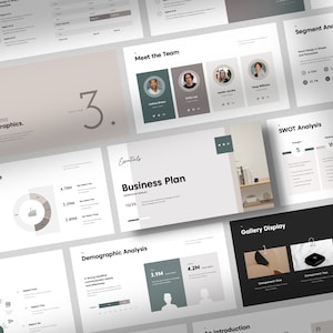Puede incluir: Una plantilla de presentación de negocios con un esquema de color beige y verde. Las diapositivas incluyen gráficos, tablas y texto sobre planificación empresarial, demografía y análisis FODA.