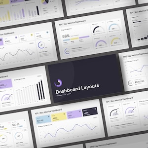 以下が含まれることがあります： さまざまなチャートとグラフを含むダッシュボードレイアウトのコレクション。チャートは、黒と白のカラーパレットを使用したモダンなスタイルです。チャートには、折れ線グラフ、棒グラフ、円グラフ、ドーナツグラフが含まれます。チャートには、タイトルとデータポイントが付けられています。ダッシュボードは、データの視覚化と分析に使用するために設計されています。