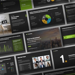 Puede incluir: Una presentación de diapositivas con fondo negro y acentos verdes. La diapositiva de título presenta el texto "Resumen de la presentación" y el número "1". Otras diapositivas incluyen gráficos, tablas y texto sobre gobernanza de datos, predicciones tecnológicas y dinámica del mercado.