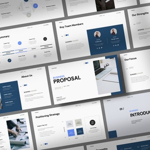 May include: A business proposal presentation template with a blue and white color scheme. The slides include a timeline summary, key team members, our strengths, our focus, about us, positioning strategy, and business introduction. The text on the slides includes "Business Proposal", "2025", "Timeline Summary", "Key Team Members", "Our Strengths", "Our Focus", "About Us", "Positioning Strategy", and "Business Introduction".