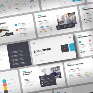 Może przedstawiać: Zestaw slajdów prezentacyjnych z białym tłem i czarnym tekstem. Slajdy zawierają różne wykresy, diagramy i obrazy. Tytuł prezentacji to "Brian Smith".