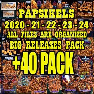 May include: A collage of miniature figures, showcasing a collection of 40+ packs of miniatures released from 2020 to 2024. The image features the text "PAPSIKELS" and "BIG RELEASES PACK +40 PACK".