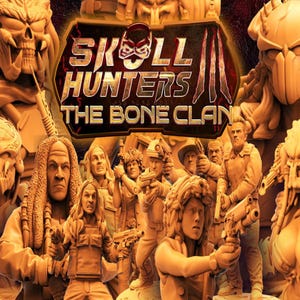 May include: A group of 9 unpainted plastic figurines, including 5 human characters and 4 Predator-like figures. The figures are posed in action stances, holding weapons. The background features a red and black logo that reads "Skull Hunters The Bone Clan".