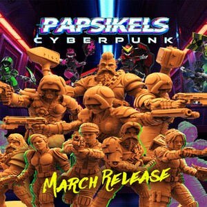 Peut inclure: Un groupe de 10 figurines miniatures en plastique orange et brun avec des armes à feu et d'autres armes. Les figurines sont debout sur un fond noir et violet avec le texte "Papsikels Cyberpunk March Release".