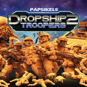 May include: A set of 10 plastic miniature figures of soldiers in a futuristic setting, with a large alien creature in the background. The figures are holding weapons and are wearing armor. The text "Dropship 2 Troopers" is displayed in a retro video game style font.