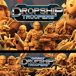 May include: A set of plastic miniature figures depicting soldiers and alien creatures. The soldiers are wearing futuristic armor and carrying weapons. The aliens are grotesque and have sharp teeth and claws. The figures are painted in shades of brown and tan. The text "Dropship Troopers" is displayed in a futuristic font.