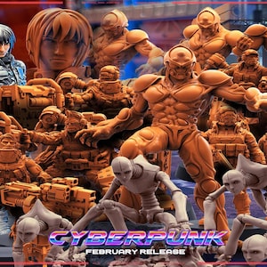 Può includere: Una collezione di miniature a tema cyberpunk, tra cui un cyborg, un robot e diversi personaggi umani. Le miniature sono dipinte in una varietà di colori, tra cui marrone, grigio e nero. Le miniature sono in pose d'azione diverse, e la scena è ambientata sullo sfondo di una città futuristica. Il testo "CYBERPUNK FEBRUARY RELEASE" è visibile nella parte inferiore dell'immagine.