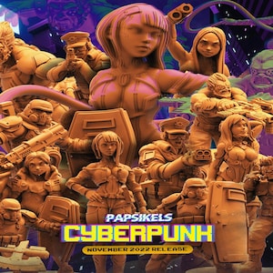 Puede incluir: Una colección de figuras en miniatura de temática cyberpunk, pintadas en una variedad de colores, incluyendo negro, blanco, gris, rojo y azul. Las figuras están en poses de acción, y algunas sostienen armas. Las figuras están colocadas sobre un fondo de color neón. El texto "PAPSIKELS CYBERPUNK NOVEMBER 2022 RELEASE" es visible en la imagen.