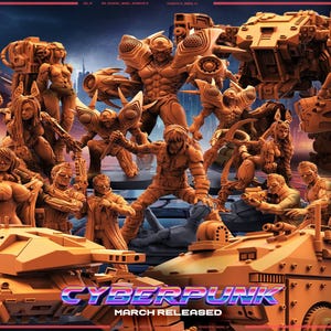 May include: A cyberpunk themed miniature set featuring a variety of characters and vehicles. The set includes a tank, a futuristic vehicle, and several figures in various poses. The figures are painted in a variety of colors, including black, white, red, and blue. The set is made of plastic and is designed for use in tabletop games.