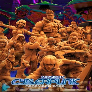 Puede incluir: Un grupo de 10 figuras en miniatura de temática cyberpunk en una variedad de poses. Las figuras están hechas de plástico marrón claro y se colocan sobre un fondo colorido y pixelado. Las figuras llevan todas ropa y accesorios futuristas, y algunas sostienen armas. El texto "PAPSIKELS CYBERPUNK DECEMBER 2022" es visible en la parte inferior de la imagen.