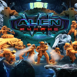 May include: A sci-fi themed tabletop game featuring miniature figures of humans and aliens. The game is called "Alien vs Humans". The miniatures are painted in a variety of colors, including brown, gray, and black. The game includes a variety of accessories, including a vehicle and a variety of weapons.