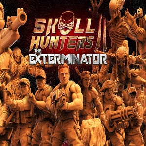Pode incluir: Um grupo de 12 figuras de ação, incluindo o Terminator, Predator e Alien, em uma variedade de poses. As figuras são todas pintadas de marrom e são colocadas em um fundo vermelho. O texto "Skull Hunters: The Exterminator" é exibido na parte superior da imagem.
