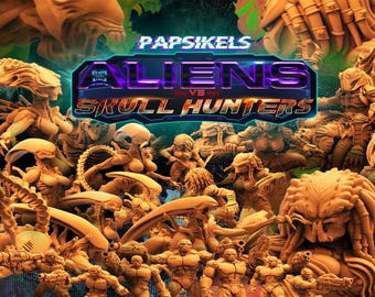 Papsikels Aliens Vs Skull Hunters February 2022, 3D Miniatures Stl Files, Dnd Stl Files, Tabletop Stl Files, 3D Printer Files, Tabletop Stl