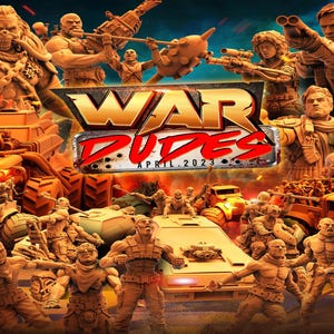 May include: A group of miniature figures in a post-apocalyptic setting, with a variety of vehicles and weapons. The figures are made of a light brown plastic and are posed in a variety of action poses. The figures are surrounded by a variety of props, including a car, a truck, and a motorcycle. The figures are all wearing different outfits, including leather jackets, jeans, and military uniforms. The figures are all holding different weapons, including guns, knives, and swords. The figures are all standing on a brown, dusty surface. The text "WAR DUDES APRIL 2023" is visible in the center of the image.