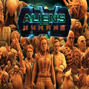Puede incluir: Una colección de figuras pintadas que representan personajes y criaturas del juego Aliens vs. Humans. Las figuras están hechas de un material marrón texturizado y están dispuestas en grupo sobre un fondo oscuro. El título "ALIENS VS HUMANS" se muestra en una fuente verde y naranja.