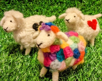 Needle Felted Sheep with heart or rainbow or natural