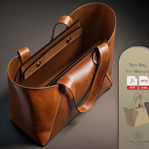 Op de afbeelding: Een bruinleren tote bag met een rechthoekige vorm en twee handvatten. De tas heeft een groot open interieur met een kleiner compartiment binnenin. De afbeelding bevat ook de tekst "Tote Bag For Women" en PDF- en SVG-pictogrammen.