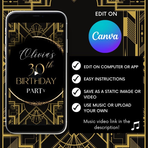 Editable Birthday Party Video Invitation, Great Gatsby, Roaring 20s Theme, Art Deco Digital Template w/ Music