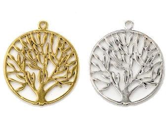 Extra large Tree of Life round pendant charm.  Gold or silver plated pewter 38x42mm