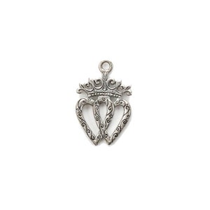 Twin hearts with crown silver plated pewter charm pendant 17x27mm