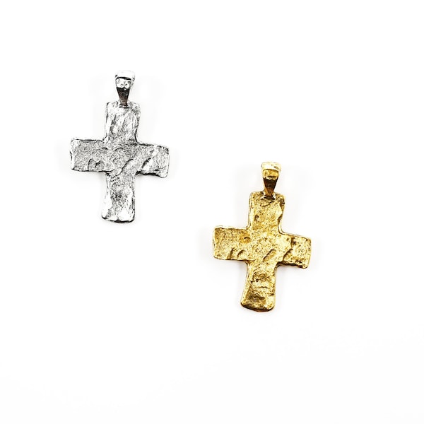 Hammered Cross Pendant, 49mm x  32mm with Bail, Gold or Silver