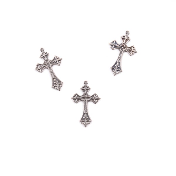 Silver Plated Brass Stamping Ornate Filigree Cross Pendant Charm 39mm