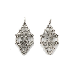 Diamond shaped open pewter filigree charm silver plated 35x17mm