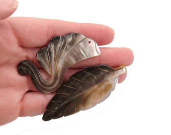 May include: Two iridescent mother of pearl shell leaf shapes. One leaf is a stylized design with a curved stem. The other leaf is a more realistic leaf shape.
