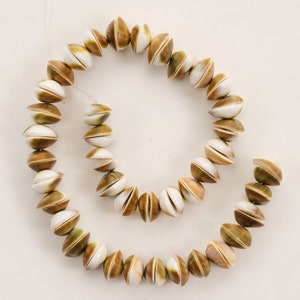 May include: A strand of brown and white shell beads. The beads are round and have a smooth, polished finish.
