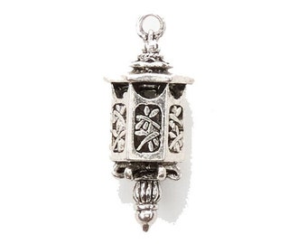 Ornate Asian lantern silver plated zinc alloy charm or pendant 12x35mm