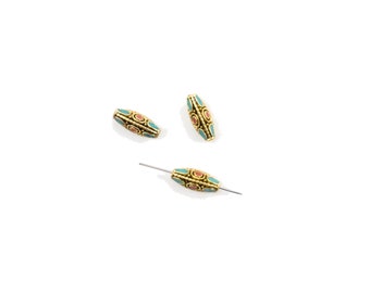 Enamel and Gold Plated Zinc Alloy Bead Turquoise Red 20mm (3 beads)