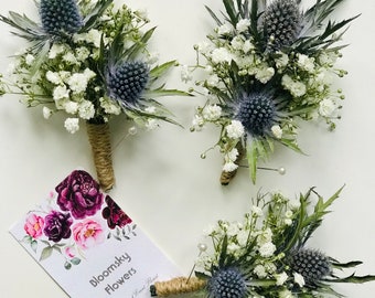 Dried Thistle and Gypsophila Buttonhole, Rustic Wedding Accessory, Boho Boutonnière