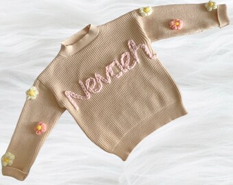 Baby toddler child personalised name jumper - knitted jumper, chunky name sweater crochet. Flower/cloud sleeves