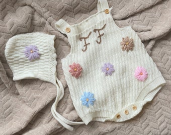 Personalised embroidered summer romper and bonnet set