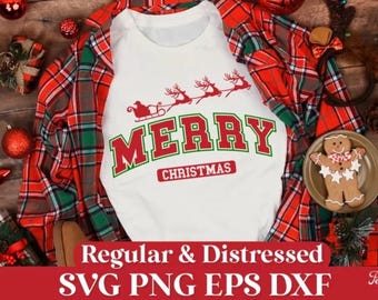 Merry Christmas SVG - Santa Sleigh Reindeer SVG - Holiday Shirt Design - Png Eps Dxf Cut File