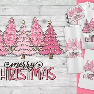 Pink Christmas PNG - Merry Christmas Sublimation Design - Cute Pink Trees Clipart