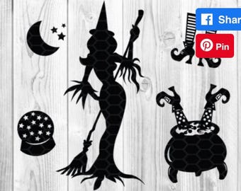 Halloween Witch Silhouette Clipart Set in Png Svg Eps Dxf Pdf Ai Jpeg Digital Download
