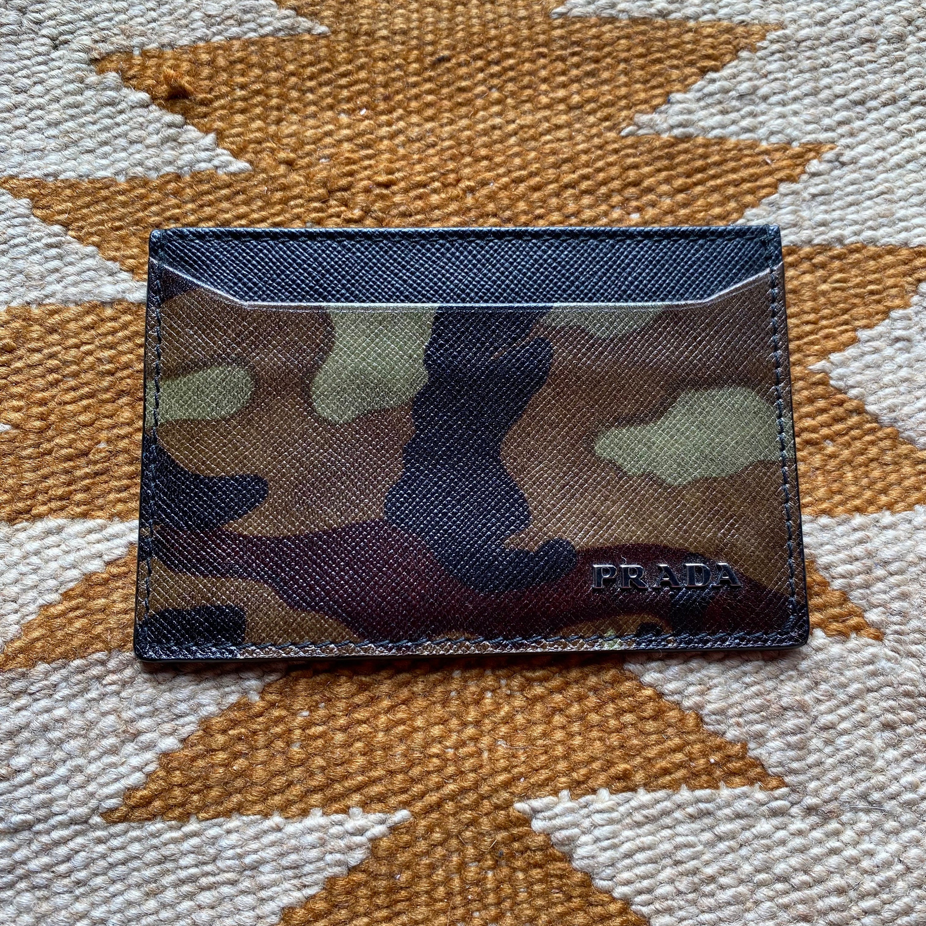 PRADA Bi-fold Wallet Camouflage Logo Saffiano Leather Green Men Unisex with  Box