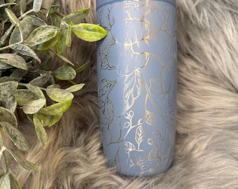 Peony Engraved Tumbler — Laser Engraved Simple Modern 16oz Voyager, Insulated Travel Mug, Elegant Floral Coffee Cup