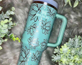 Vaso Stanley con grabado de loto, 40 oz, diseño floral