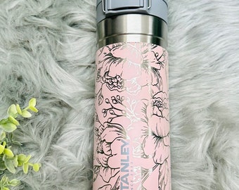 Engraved Stanley GO Bottle, Peony Floral Wrap, 24oz Quick Flip